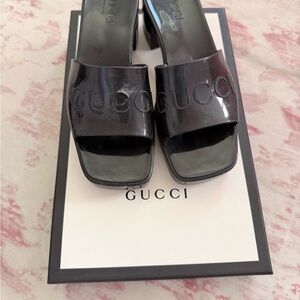 Gucci Black Patent Slide Mules with Embossed Logo